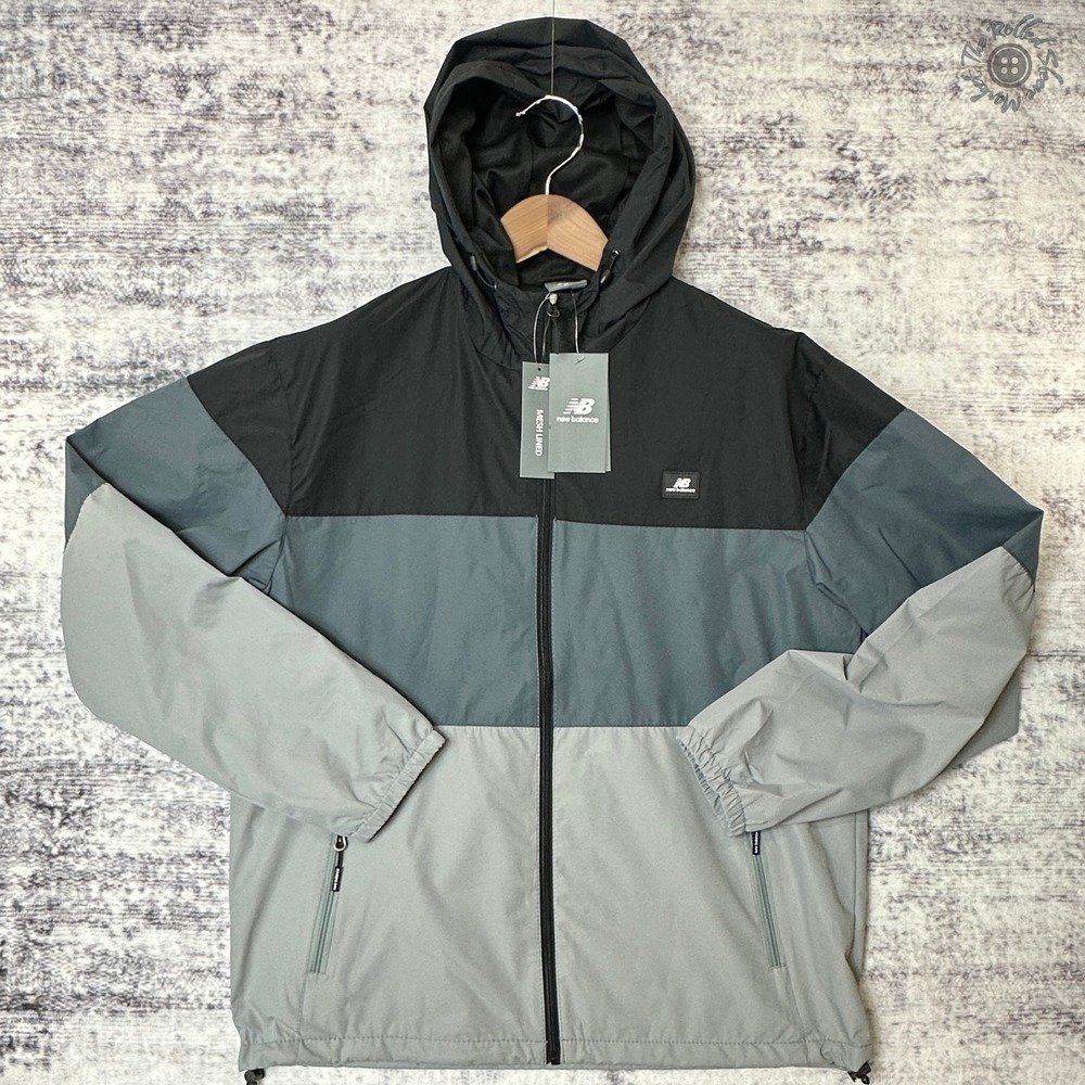 NWT New Balance Wind Jacket Men's Medium‎ Gray Colorblock Hooded Mesh Lined